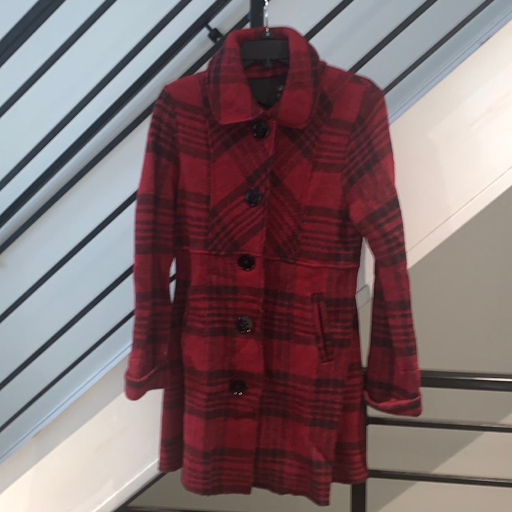 Luii red and black plaid wool jacket with black oversized buttons Medium